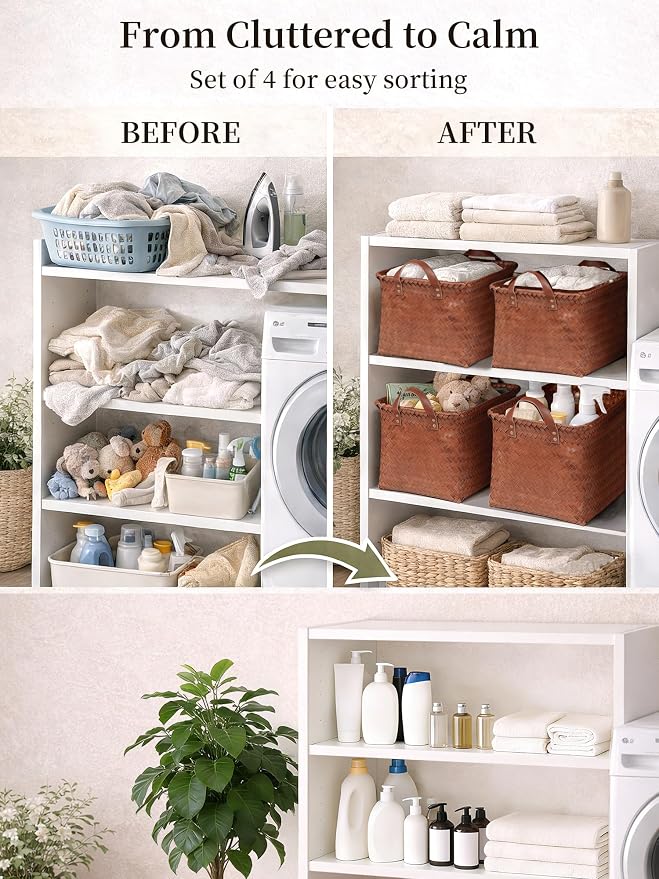 Hand Woven Baskets for Storage, 4Pcs Water-Resistant Wicker Baskets, Brown Wicker Storage Baskets for Shelves, Large Basket with Handle for Organizing, Clothes, Laundry, Blanket - Rectangular - Image 4