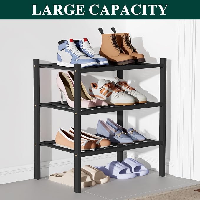 Smiry Bamboo Shoe Rack for Closet, 3 Tier Small Wooden Stackable Shoe Organizer, Free Standing Shoes Storage Shelf for Entryway, Front Door Entrance, Black - Image 5