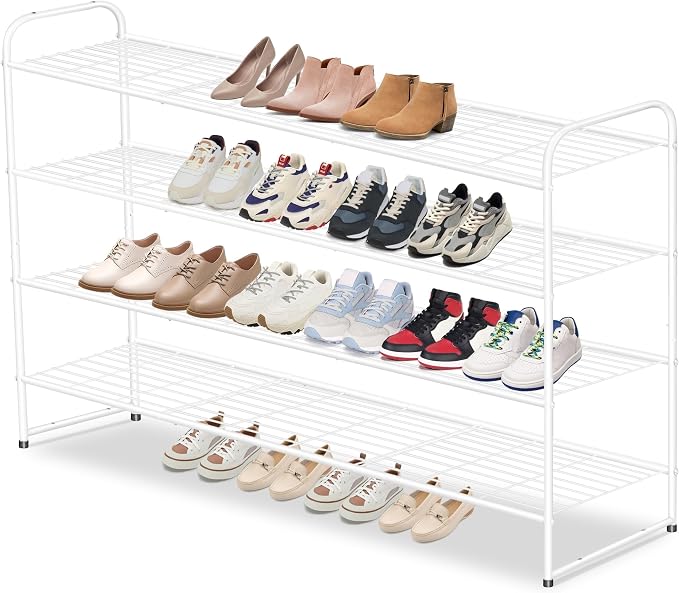 AOODA 4 Tier Long Metal Shoe Rack for Closet Wide Stackable Shoe Storage Organizer for Entryway, Bedroom, Floor, Holds 30 Pairs Men Sneakers Large Boot Shelf with Wire Grid, White by AOODA