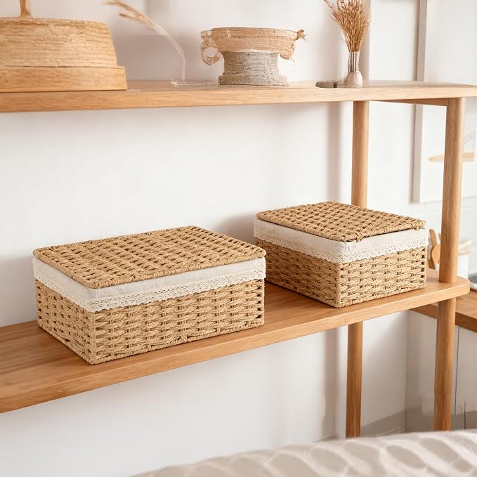 Nonam Large Basket with Lid set of 3, Rattan Divided Baskets Organizer for Shelf, Natural Wicker Storage Basket Bins for Closet, Boho Shelf Decor Covered Basket Home Storage Container - Image 6