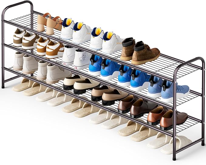 KEETDY Long 3 Tier Shoe Rack for Closet Wide Shoe Storage Organizer Stackable Metal Shoe Shelf for 24 Pairs Men Sneakers with Wire Grid for Closet Floor, Bedroom, Entryway, Bronze by KEETDY