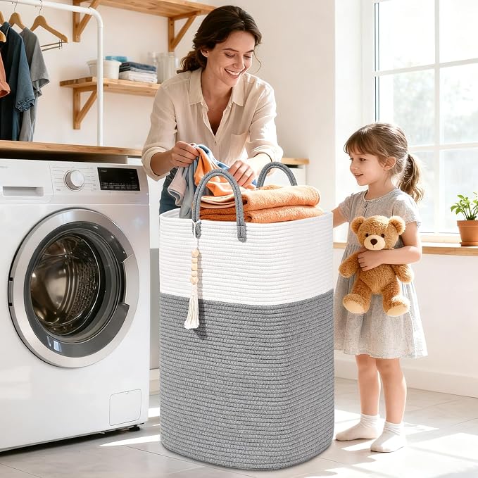 Woven Laundry Basket for Clothes, 100L Large Rectangle Laundry Hampers with Beads Tassel, Nursery Storage Basket for Toys, Tall Dirty Clothes Hamper for Bedroom Aesthetic, Laundry Room Organization - Image 2