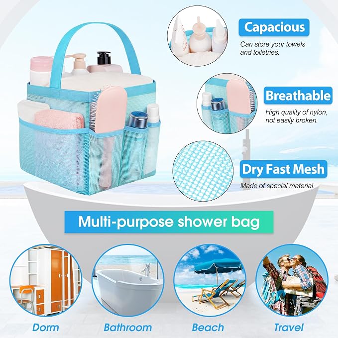 Attmu Mesh Shower Caddy Portable for College Dorm Room Camping Essentials, Shower Caddy Dorm with 9-Pockets, Large Capacity Hanging Basket Bathroom Bag for Toiletry, Swimming, Gym, Camp, Beach - Image 2