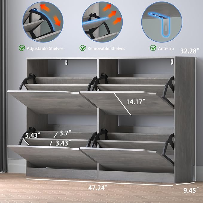 BORNOON Shoe Cabinet with 4 Flip Drawers, Narrow Hidden Shoe Storage Cabinet, Slim Freestanding Shoe Rack Organizer for Entryway, Hallway, Bedroom, Living Room - Image 2