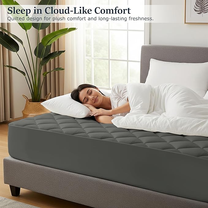 LUX Décor King Mattress Pad - 2 Pack - Quilted Elastic Fitted Mattress Cover Protector Upto 16 Inches Deep Pocket - Soft Breathable Noiseless Mattress Topper (Grey “78 X 80”)