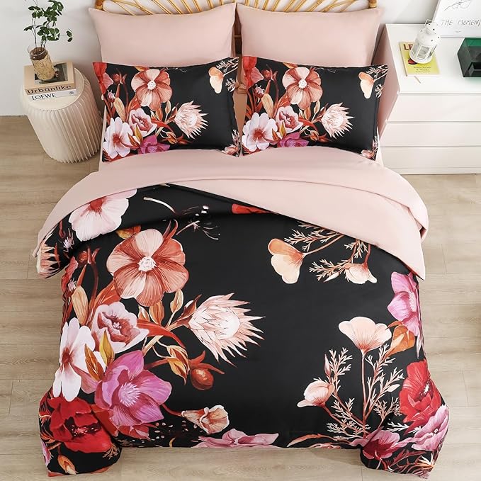 Luxudecor Floral Comforter Set Queen Size 7 Piece, Red Flower Bed in a Bag, Elegant Comforter Bedding Set for All Season (Red, 90"x90")
