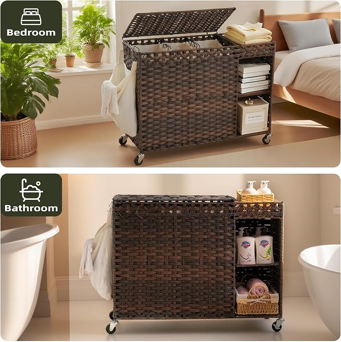 Laundry Hamper with Lid, 160L Rattan Wicker Laundry Basket with Wheels, Handwoven Laundry Hamper 3-Section with Storage shelf(42.3 Gal), Laundry Sorter Basket with Removable Liner,Brown HLH033BR - Image 8