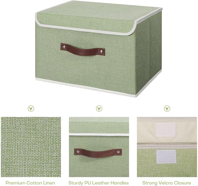 ANMINY Storage Bin with Lid Storage Boxes with PU Leather Handles PP Plastic Board Decorative Foldable Lidded Cotton Linen Fabric Home Cubes Baskets Closet Organizer Container - Green, Medium - Image 4