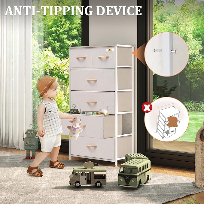 Fabric Dresser for Bedroom, Tall Skinny Dresser with 6 Drawers, Storage Organizer Tower, Steel Frame Wooden Top for Closet, Living Room, Hallway(Beige) - Image 5