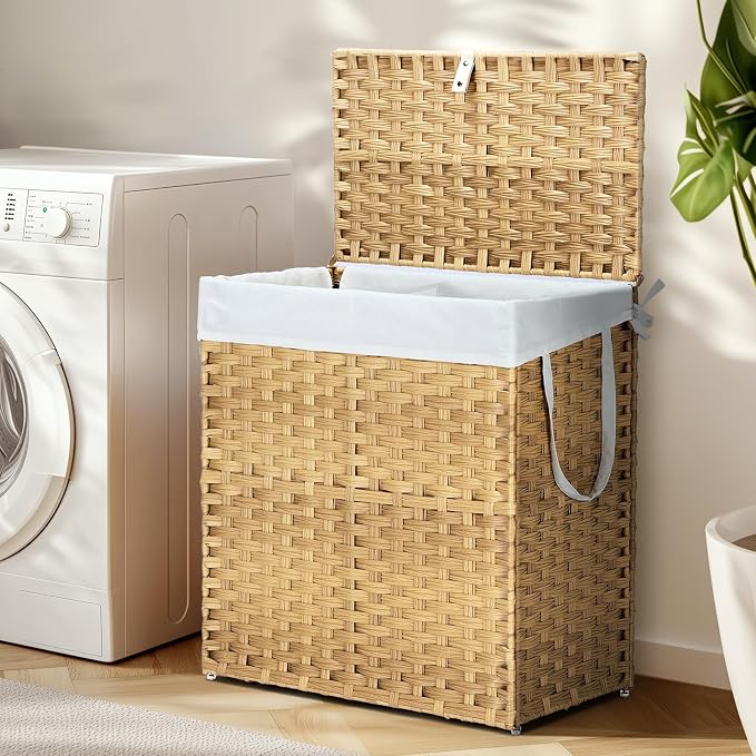 DUMOS Wicker Laundry Basket with Lid, 110L Woven Laundry Hamper with Handles, Foldable Rattan Clothes Hamper with Removable Liner & Sturdy Steel Frame, Goose Yellow - Image 2