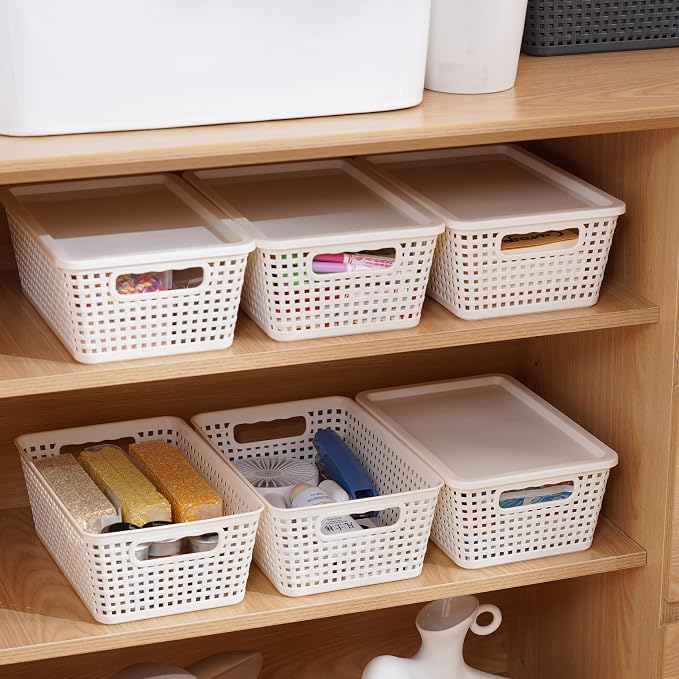 Plastic Storage Baskets With Lid, Storage Bins for Organizing, Stackable Decorative Containers for Shelves Drawers Desktop Closet Playroom Classroom Office, 6 Pack- White - Image 6