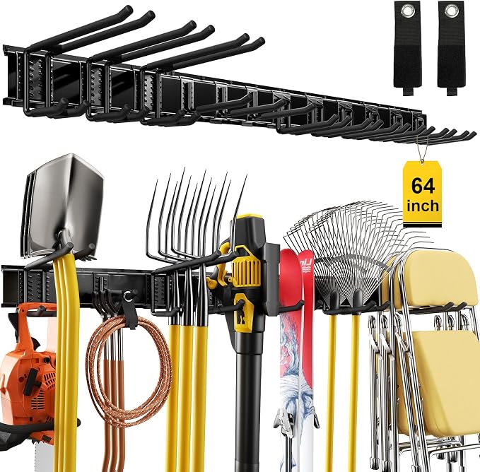 64" Garage Wall Organizer – 12 Longer & Thicker Hooks + 2 Straps, 900 Lbs Heavy Duty Steel Garden Tool Storage Rack & Garage Organization for Yard, Shed, Garage by YZSFMZGE