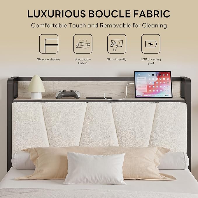 LIKIMIO Twin XL Bed Frames, Bouclé Storage Headboard with Charging Station, Solid and Stable, Noise Free, No Box Spring Needed, Easy Assembly
