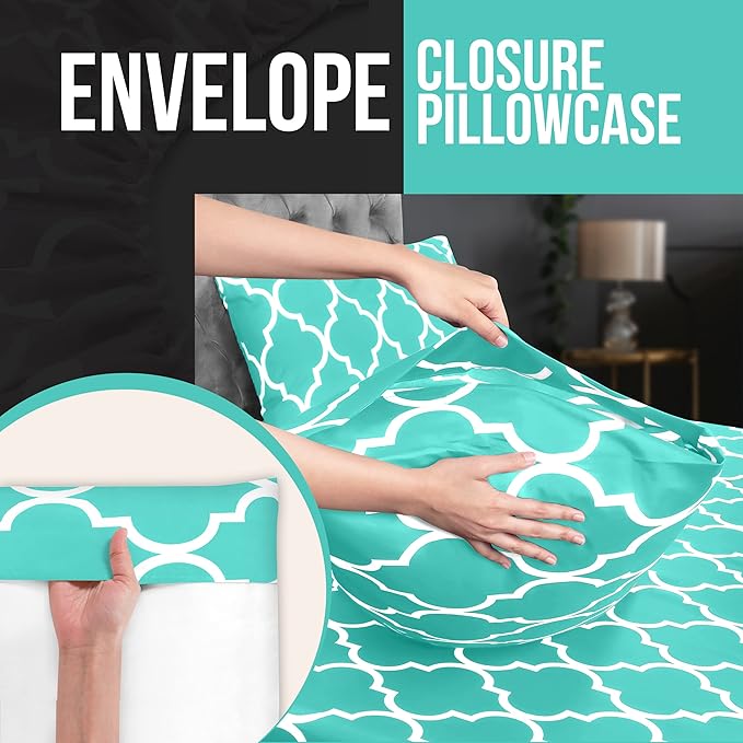 Utopia Bedding Queen Sheet Set, Soft Microfiber 4 Piece Bed Sheets with 15" Deep Pocket - Easy Care Brushed Microfiber (Quatrefoil - Aqua)