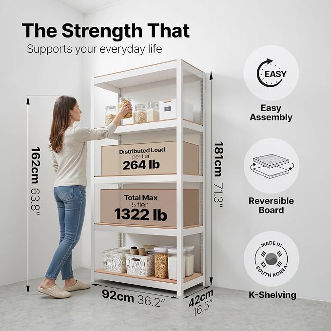 HOMEDANT House 36.2" W 5 Tier Heavy Duty Garage Shelving Adjustable Metal Rack Storage Shelves Standing Shelf Unit Organizers Pantry Closet Office White 2Pack - Image 2