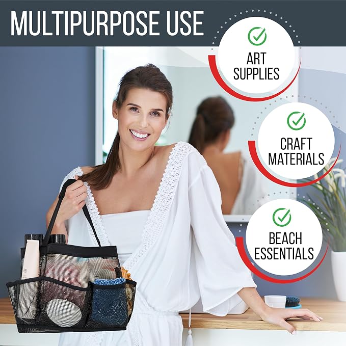 Masirs Shower Caddy Mesh - 9 Pocket Portable Bathroom Organizer Tote for Travel, Gym & Dorm - Collapsible Small Shower Caddy Bag to Hold Toiletries & Essentials (Black) - Image 4