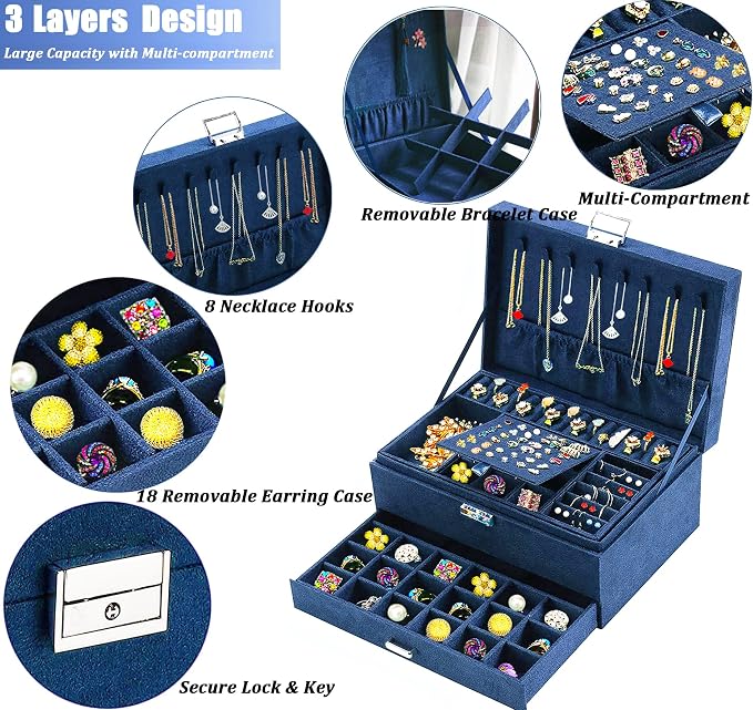 QBestry 3-Layer Jewelry Box for Women with Lock and Key & Drawer, Large Jewelry Organizer with 8 Necklace Hooks & 56 Earring Holes, Navy Velvet Jewelry Storage Box for Necklaces Earrings Ring Bracelet - Image 2