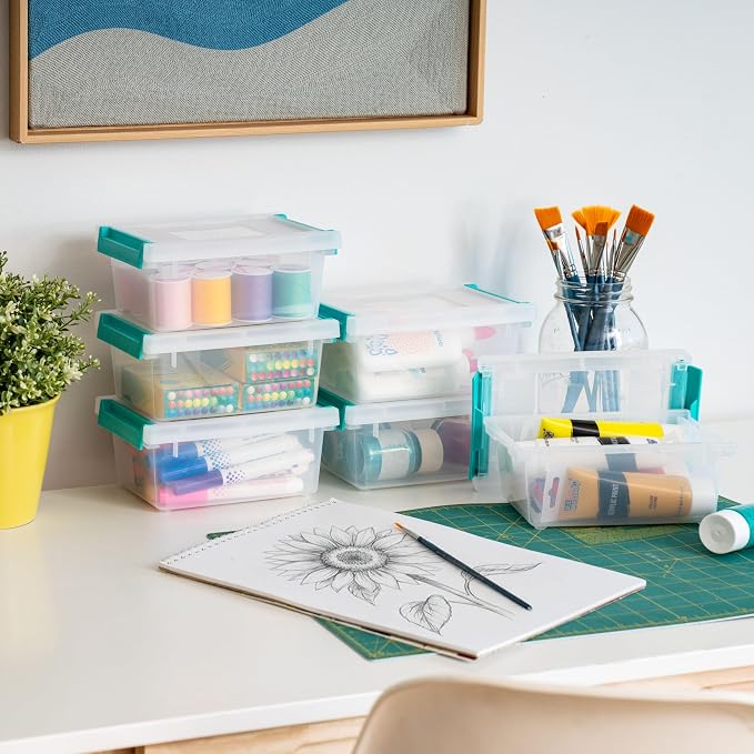 IRIS USA 1 Qt. Craft Storage Bins with Lids, 6-Pack, |Made in USA|, Clip Box, Small Plastic Sensory Bin Tote Organizer Containers for Art Supplies, Paper, & Office, Stackable - Clear/Seafoam Blue - Image 3