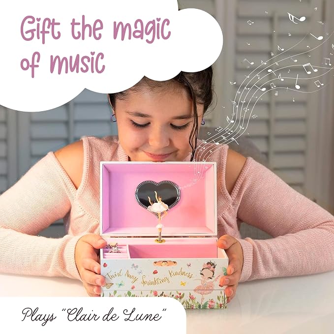 The Memory Building Co Ballerina Musical Jewelry Box Plays Classic Melody, Storage Organizer Music Box for Kids Ages 6-12, MDF Wood w/ 2 Fabric Lined Ring Bracelet Necklace Treasure Compartments - Image 3