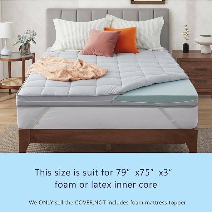 3Inch King Mattress Topper Cover(Only Cover),Mattress Protector Bedding,Foam and Latex Mattress Cover with Zipper and Adjustable Straps,Pillow Top(79 x 75”) Gray