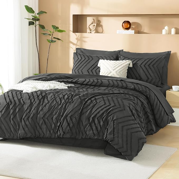 Litanika Super King Plus Size Comforter Set with Sheets Dark Grey - 7 Pieces Bed in a Bag Oversized King Boho Tufted Complete Bedding Sets with Comforter, Sheets, Pillowcases & Shams