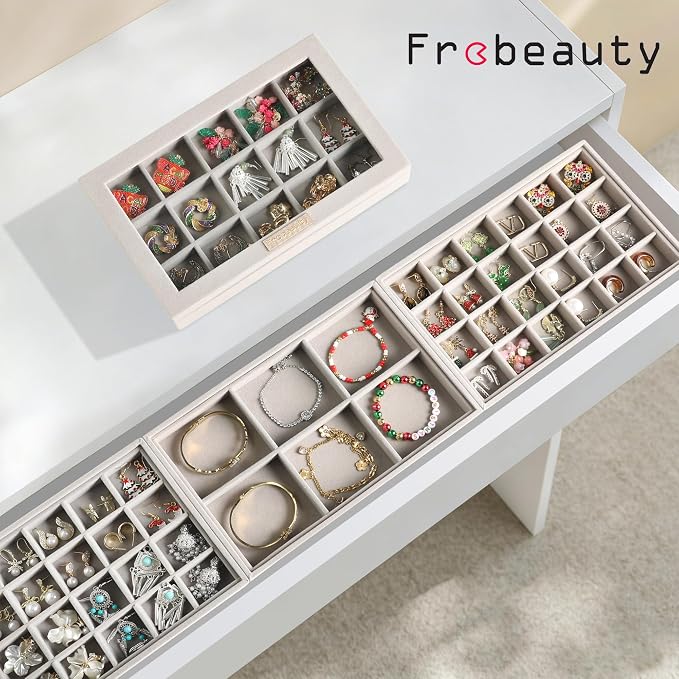 Frebeauty Earring Holder Stackable Jewelry Trays,Velvet Drawer Jewelry Organizer with Glass Lid, 5 in 1 Jewelry Box for Earrings Rings Studs,10.5 x 6.5 x 5.55 Inches Gift for Women (Grey) - Image 2