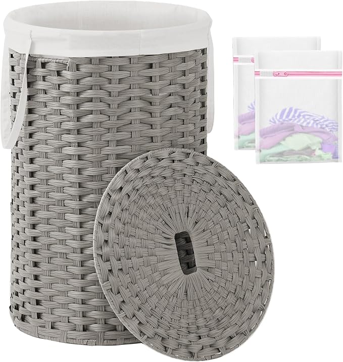 SETVSON Large Laundry Hamper Laundry Basket Round 34.3 Gal (130 L) Handwoven Wicker Laundry Baskets Rattan Laundry Basket with Laundry Bag Handles 2 Mesh Bags for Living Room Bedroom Gray by SETVSON