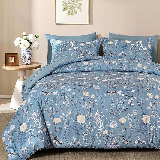 Yiran Blue Comforter Set King Size, 7 Piece Floral Comforter Bedding Set, Botanical Farmhouse Bed in a Bag, Soft Microfiber Complete Bedding Set with Sheets for All Season