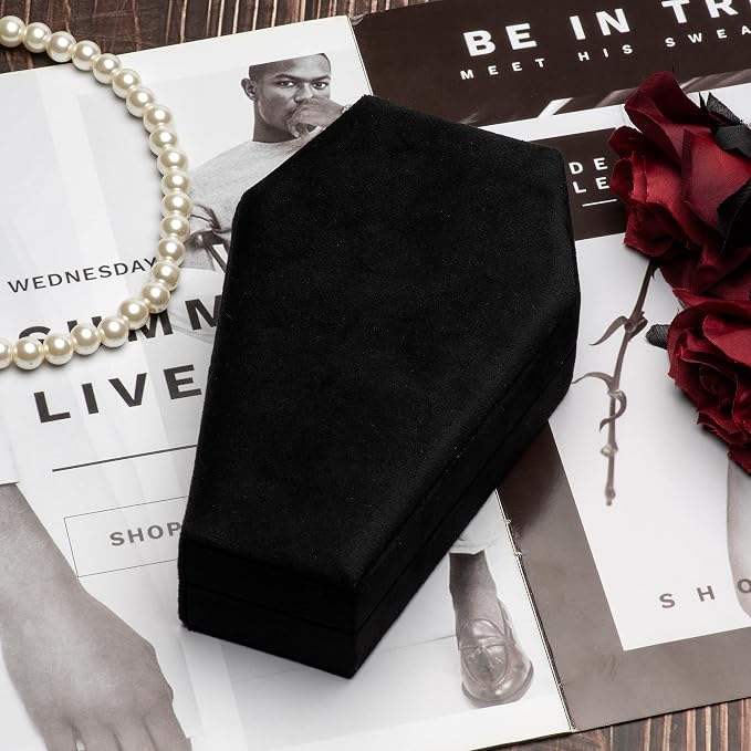 Velvet Coffin Jewelry Travel Case Holder for Gothic Wedding Ceremony Jewelry Organizer Decoration (Black) - Image 6