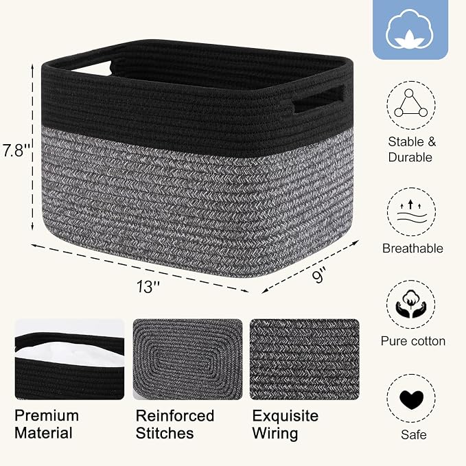 4 Pack Storage Baskets for Organizing, Woven Baskets for Shelves - Perfect for Toys, Books, Towels, and Clothes, Durable Gift Basket Bins Toy Storage, 12.7''Lx9''Wx7.8''H, Dark Grey and Black - Image 2