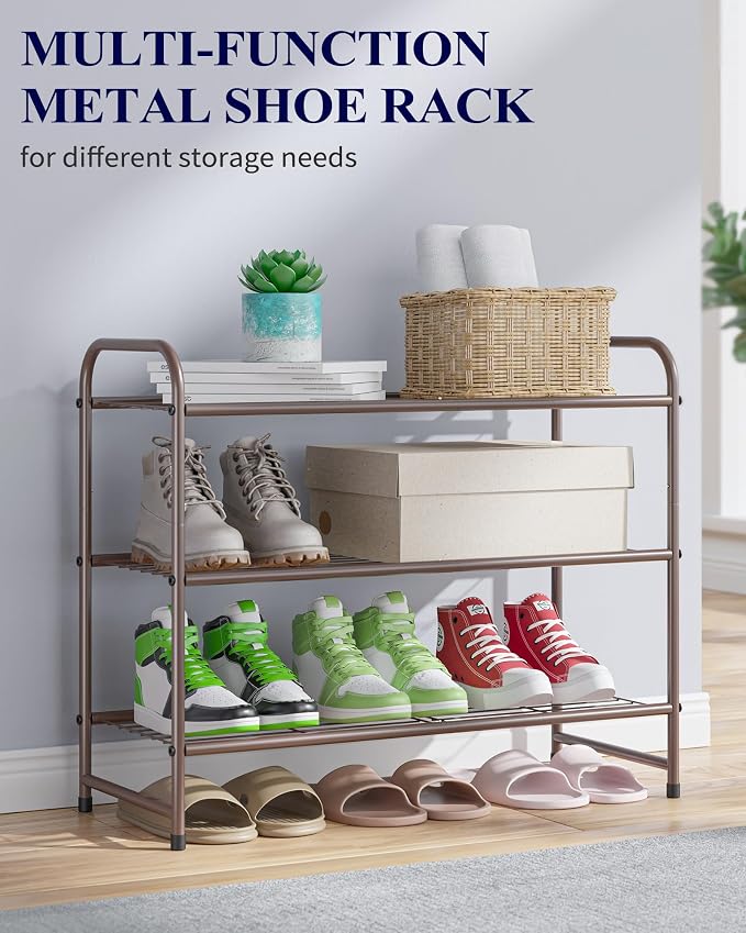 Kitsure Shoe Rack - Stainless Steel Shoe Organizer, Sturdy Shoe Rack for Closet and Front Door Entrance, Free Standing Shoe Shelf, Closet Organizers and Storage, 25.6" Wide - 3 Tier, Brown - Image 6