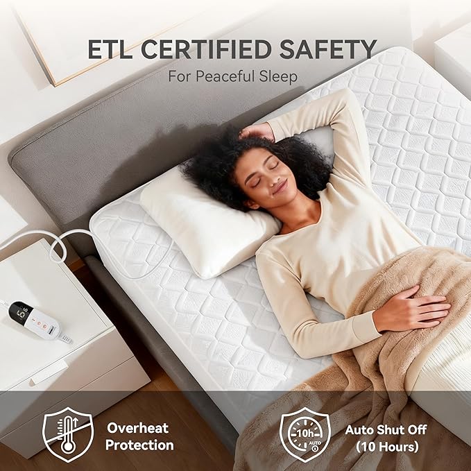 Heated Mattress Pad Queen Size with Dual Control, Electric Mattress Cover with 6 Heat Settings for Each Side, 1-10 Hour Independent Timer, 17" Deep Pocket, Washable