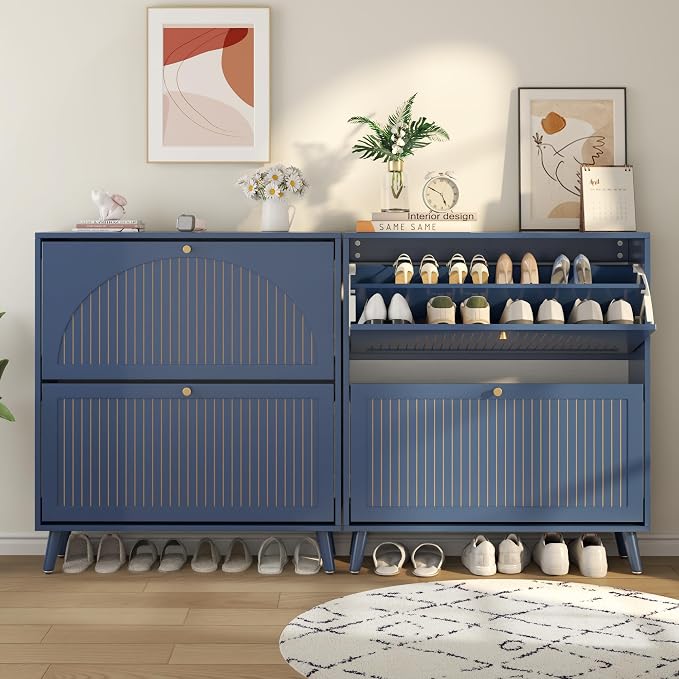 Fsbecl Shoe Storage Cabinet for Entryway with 2 Flip Drawers, Narrow Wood Shoe Cabinet with Fluted Panel, Freestanding Hidden Shoe Organizer for Foyer, Hallway (Blue - with Shelf) - Image 9