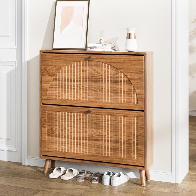 Fsbecl Shoe Storage Cabinet for Entryway with 2 Flip Drawers, Narrow Wood Shoe Cabinet with Fluted Panel, Freestanding Hidden Shoe Organizer for Foyer, Hallway (Walnut - No Shelf) - Image 5