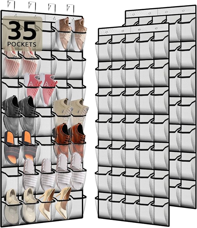 PAULONE 35 Pocket Over the Door Shoe Organizer,Reusable Breathable Large Mesh Bag Men's & Women's Sneaker Organizer,Shoe Organizer for Kids,Hanging Shoe Storage Hanging Bag (2PCS-White) by Unknown