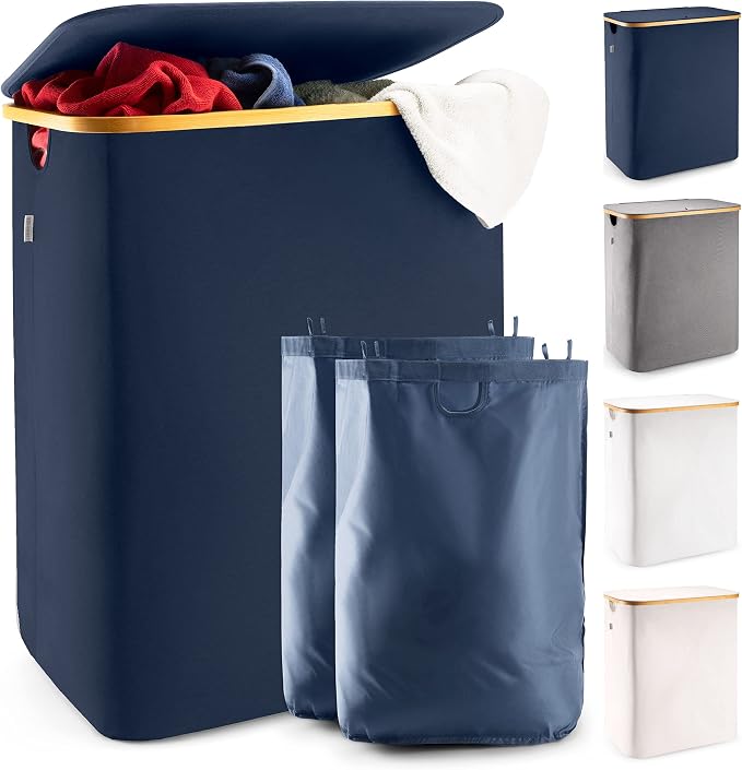 LONBET Laundry Basket with Lid, Made from Breathable Fabric | Aesthetic Clothes Hampers for Laundry with Side Handles & Sturdy Bamboo Frame (40 Gallons - Double, Blue) by Lonbet