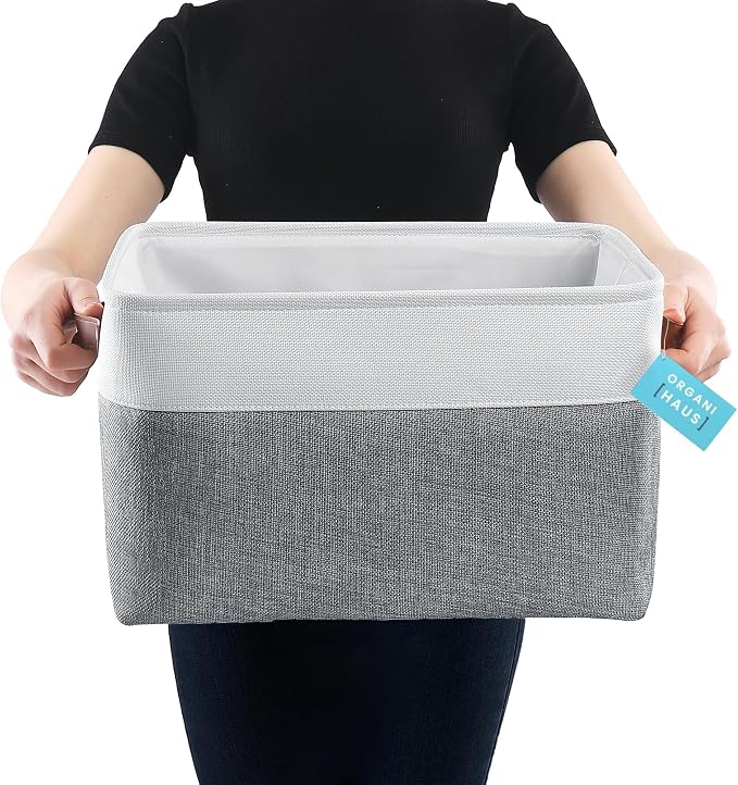 OrganiHaus Extra Large Fabric Storage Baskets for Shelves 3 Pack, 16x13in Closet Storage Bins, Canvas Baskets for Organizing, Linen Closet Organizers, Cloth Basket, Gray/Off-White - Image 3