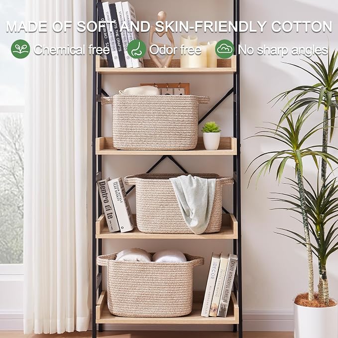 OIAHOMY Woven Storage Basket for Shelves, Rectangle Cotton Rope Baskets for Organizing, 13 x 10 x 9 in, Storage Bins for Dog Toys,Towel,Books,Gift,Brown - Image 2