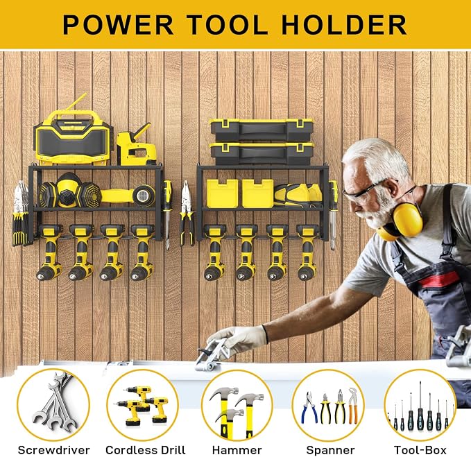 Spacecare Power Tool Organizer- Power Drill Tool Holder- Heavy Duty Tool Shelf & 2 Pack 3 Layers Tool Rack Cordless Drill Holder- Floating Tool Shelf Wall Mounted Tool Storage Rack for 8 Drill Holders - Image 6