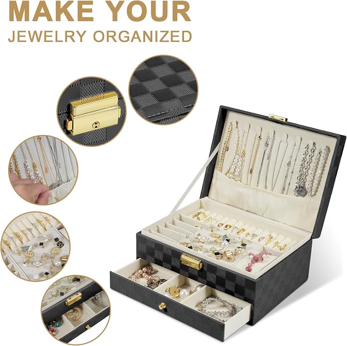 GUOER Jewelry Box for Women Girl Wife - Large PU Leather Jewelry Organizer Storage Case with Two Layers Display for Earrings Bracelets Rings Watches (Checkered Black) - Image 2