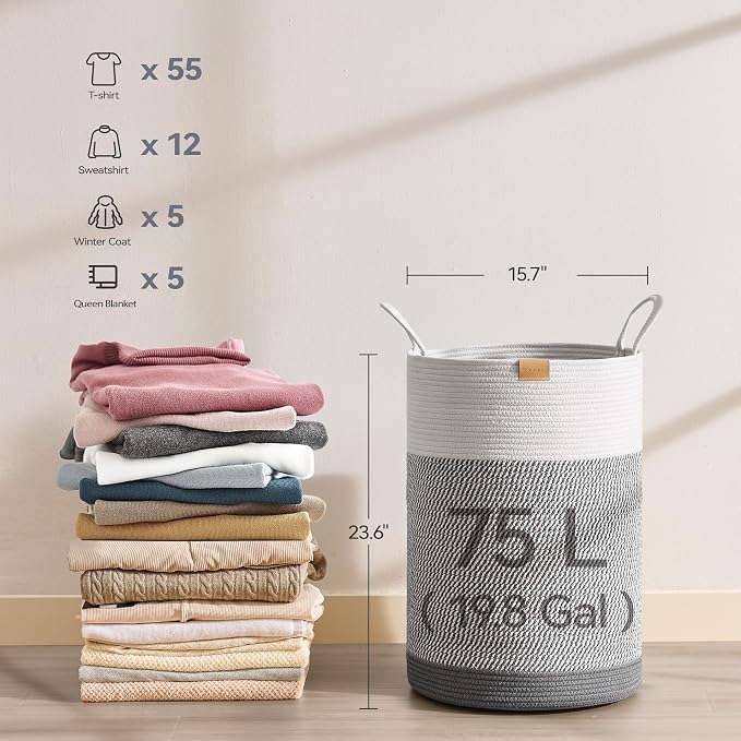 Nunsino Laundry Hamper 75L,Large Laundry Basket for Clothes,Decorative Storage Basket for Blankets,Cotton Rope Woven basket for bedroom,Grey White - Image 6