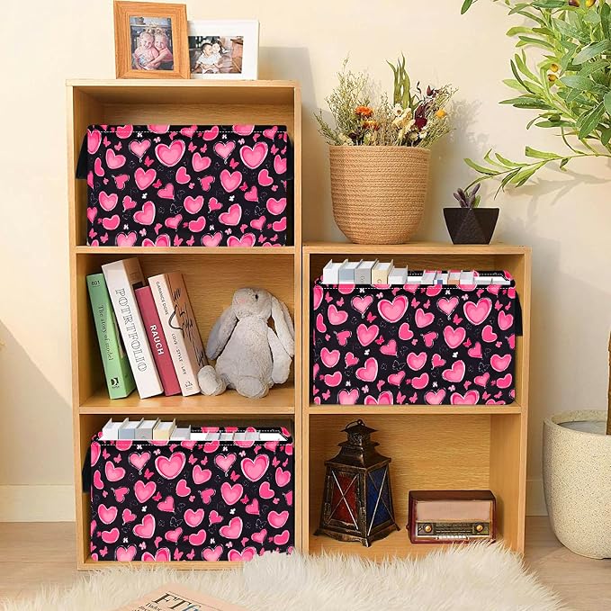MAIZMZ Empty Gift Basket for Girls Heart Print Storage Cube for Women, Closet Shelf Waterproof Organizer Bins with Handles Nursery hamper Kids Toys Books Box Room Deco - Image 5