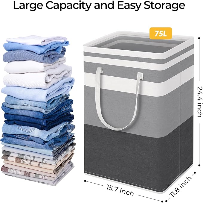 HomeHacks 3-Pack Large Laundry Basket,75L Each Waterproof, Freestanding Laundry Hamper, Collapsible Tall Clothes Hamper with Extended Handles for Clothes in the Dorm and Family-Gradient Grey - Image 4