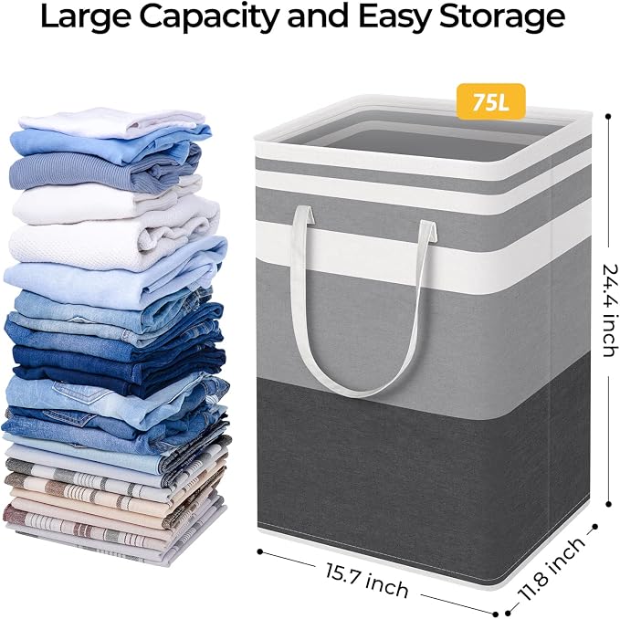 HomeHacks 2 Pack Large Laundry Baskets, Waterproof, Freestanding Laundry Hampers, Collapsible Clothes Hamper with Reinforced Handles in Laundry Room, College Dorm, Bathroom, Bedroom (Grey, 75Lx2) - Image 4