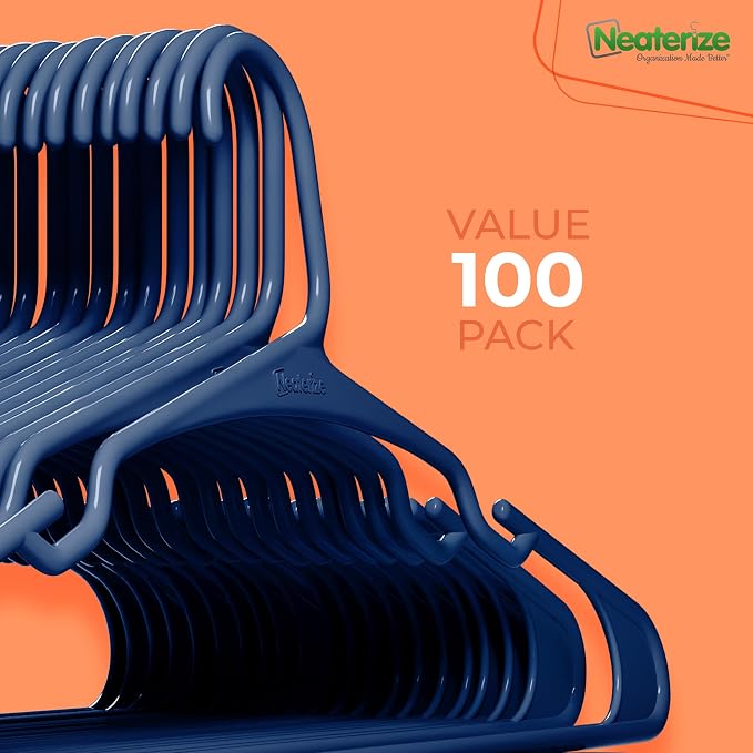 NEATERIZE Clothes Hangers Plastic 100 Pack for Adults - Plastic Hangers, The Perfect Coat Hanger and Space Saving Clothes Hangers for Closet - Navy Blue Hangers - Image 7