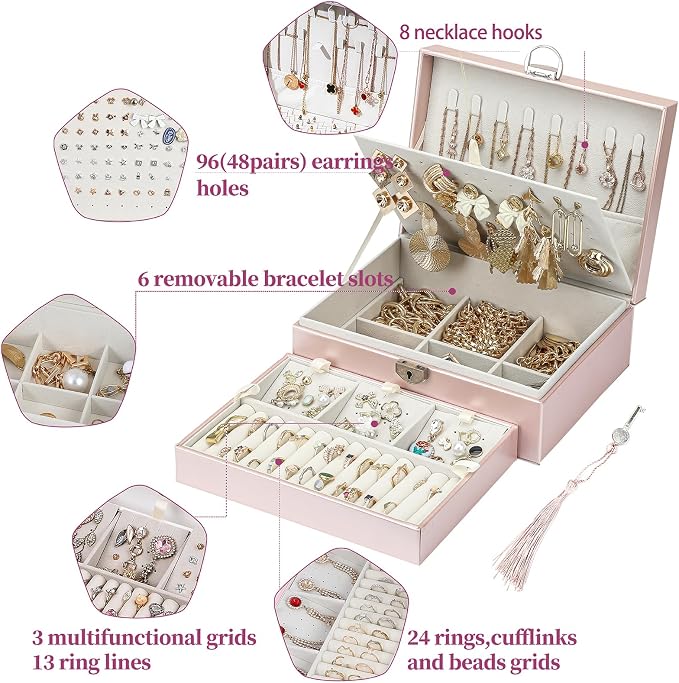 BOOVO Earring Jewelry Box For Women Girl Stud Organizer, 4 Layers Girl Jewelry Organizer Box With Lock Earring Holder Organizer Necklace Ring Jewelry Organizer Box For Girls (Rose Gold, 4 layer) - Image 3
