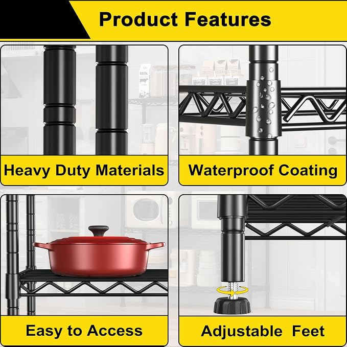 GIOTORENT 7-Wire Garage Shelving Storage Shelves, Kitchen Storage Adjustable Shelf, Metal Shelves 1400Lbs Capacity 24" W x 14" D x 71.6" H for Laundry Bathroom Pantry Closet, Black - Image 7