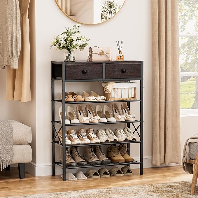 Shoe Rack for Entryway, 5 Tier Shoe Organizer with 2 Non-Woven Drawers, Metal Storage Shoe Shelf for 16-20 Pairs of Shoes, with Wooden Top and Steel Frame, Shoe Stand for Closet Dark Brown - Image 4
