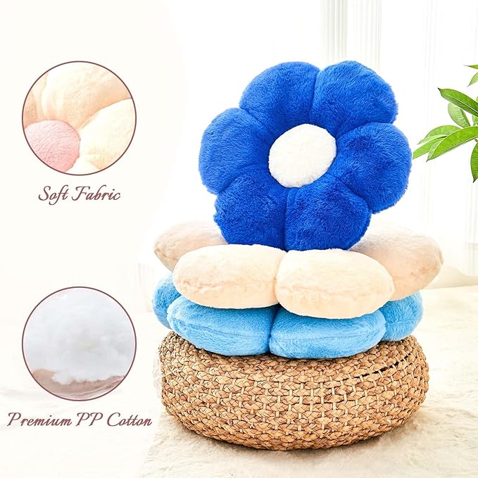 Kcvvcr Flower Pillow Cute Decorative Throw Pillow with Faux Rabbit Fur Soft Daisy Plush Floor Cushion Aesthetic Flower Shaped Pillow Home Decor for Bed Sofa Couch (Royal Blue, 14.9 Inch)