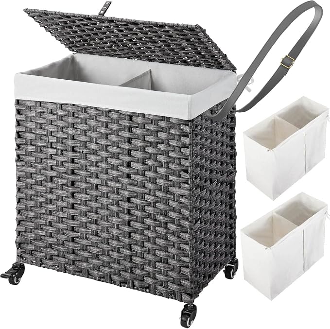 Greenstell Laundry Hamper with Wheels, No Install Needed, 110L Divided Handwoven Hampers & 2 Removable Liner Bags, Rattan Clothes Laundry Basket with Lid & Handles, Foldable Hampers Gray 22x13x26.4 In by Greenstell